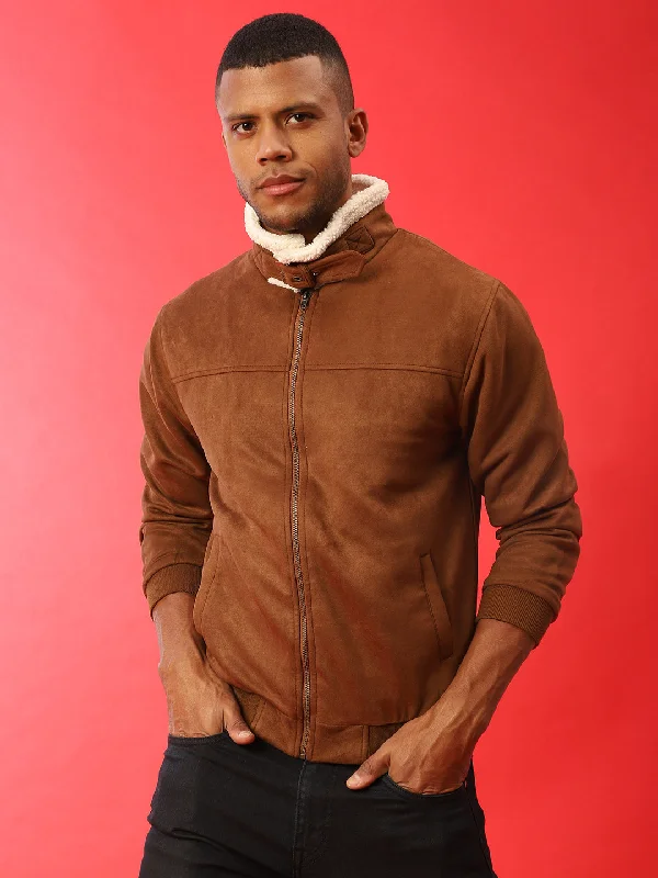 Campus Sutra Men Brown Suede Windcheater Outdoor Bomber Jacket