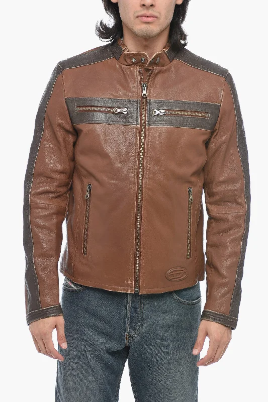 Diesel Leather L-MUSE Padded Jacket with Vintage Effect