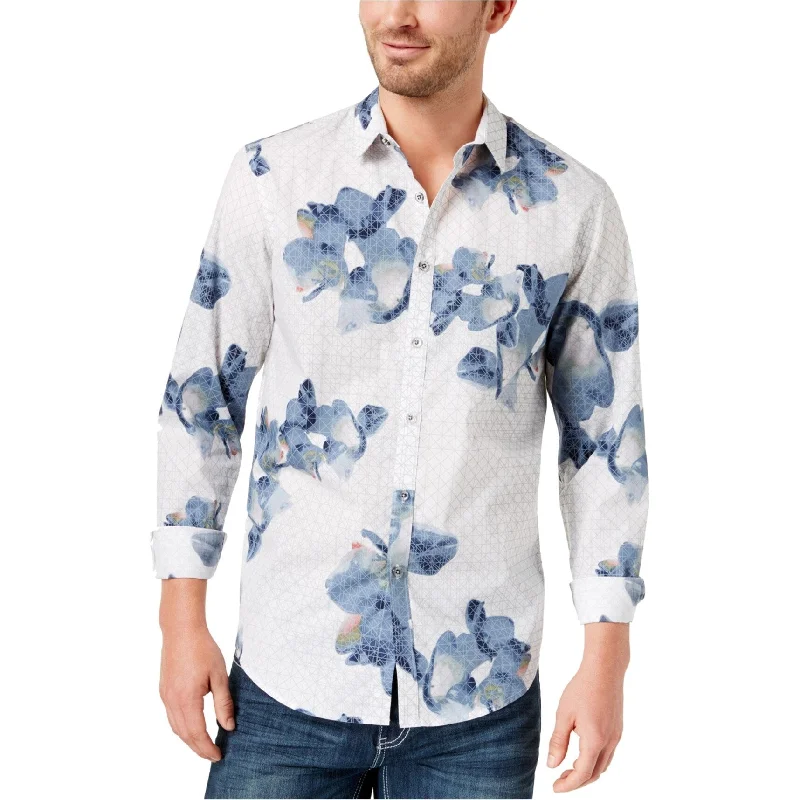 I-N-C Mens Geometric Floral Button Up Shirt, White, X-Small