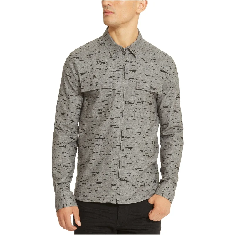 Kenneth Cole Mens Printed Zip-Front Button Up Shirt, Grey, Small