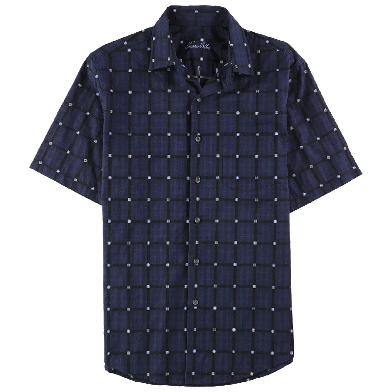 Tasso Elba Mens Grid Button Up Shirt, Blue, Small