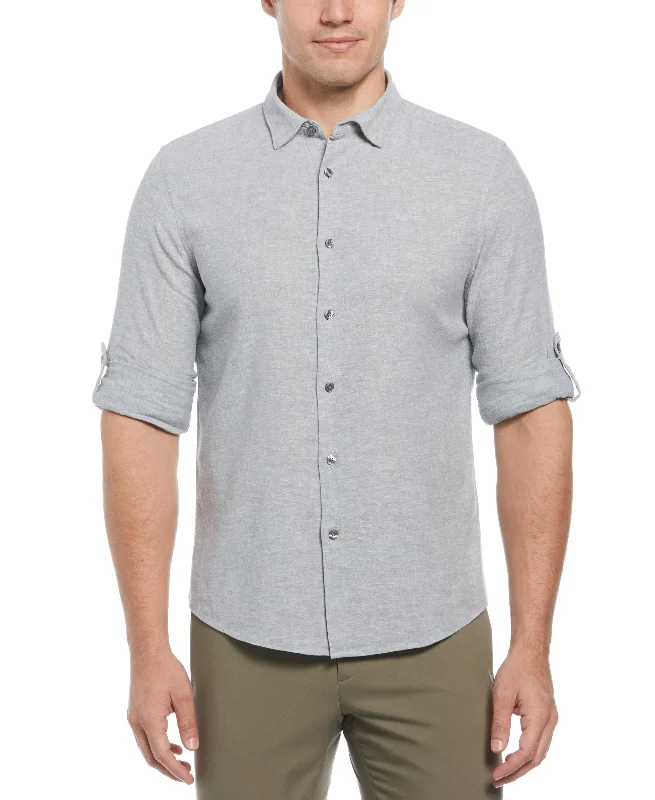 Untucked Slim Fit  Linen Blend Rolled Sleeve Shirt - Gray