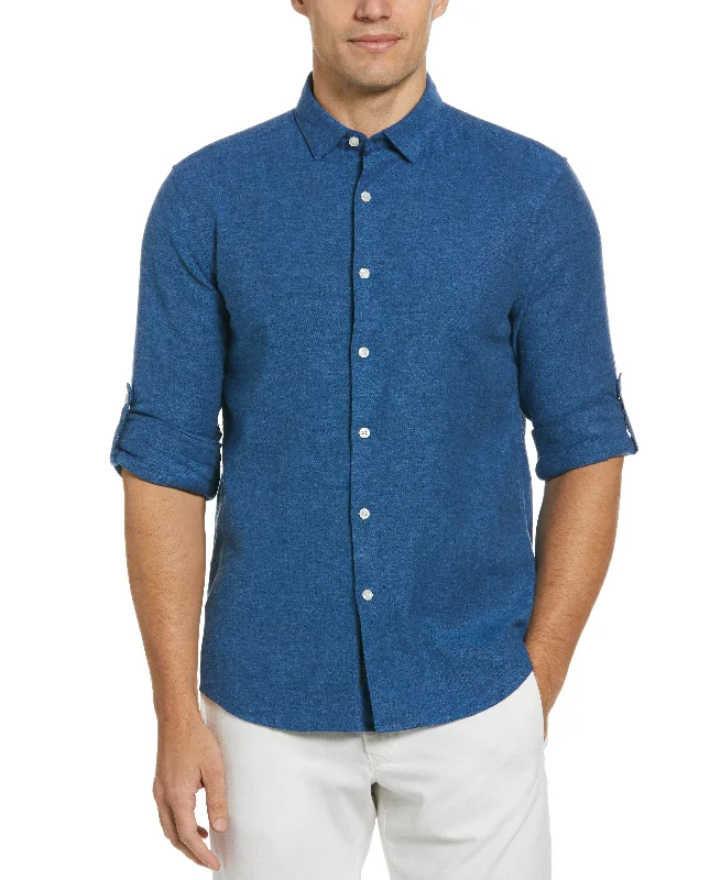 Untucked Slim Fit Linen Blend Rolled Sleeve Shirt - Blue