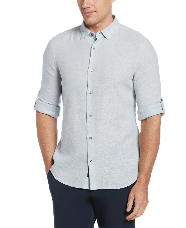 Untucked Slim Fit Linen Blend Rolled Sleeve Shirt - Blue