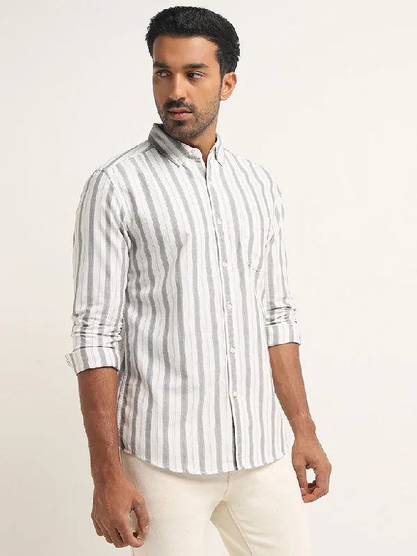 WES Casuals Sage Stripe Printed Slim-Fit Cotton Shirt