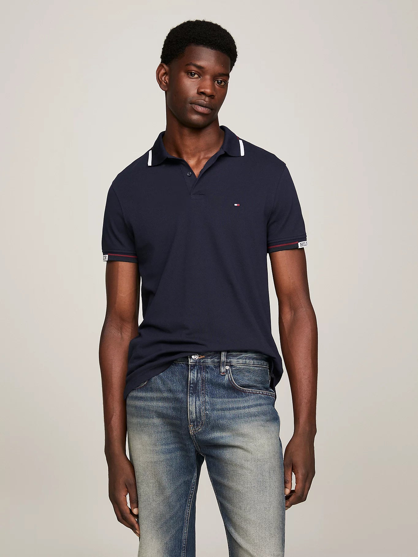 Logo Cuffs Tipped Slim Fit Polo in Navy