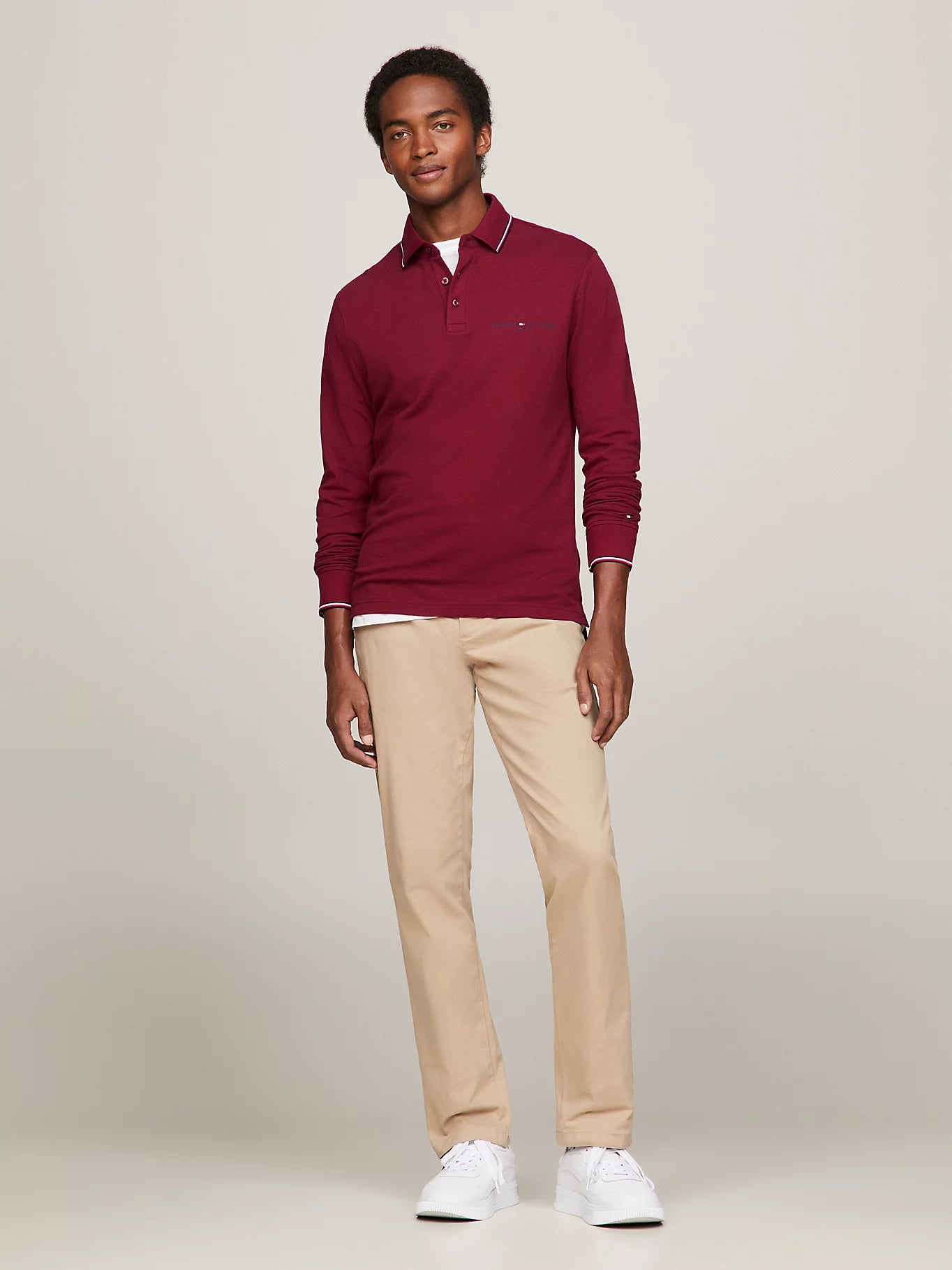 Signature Tipped Long Sleeve Slim Polo in Rouge