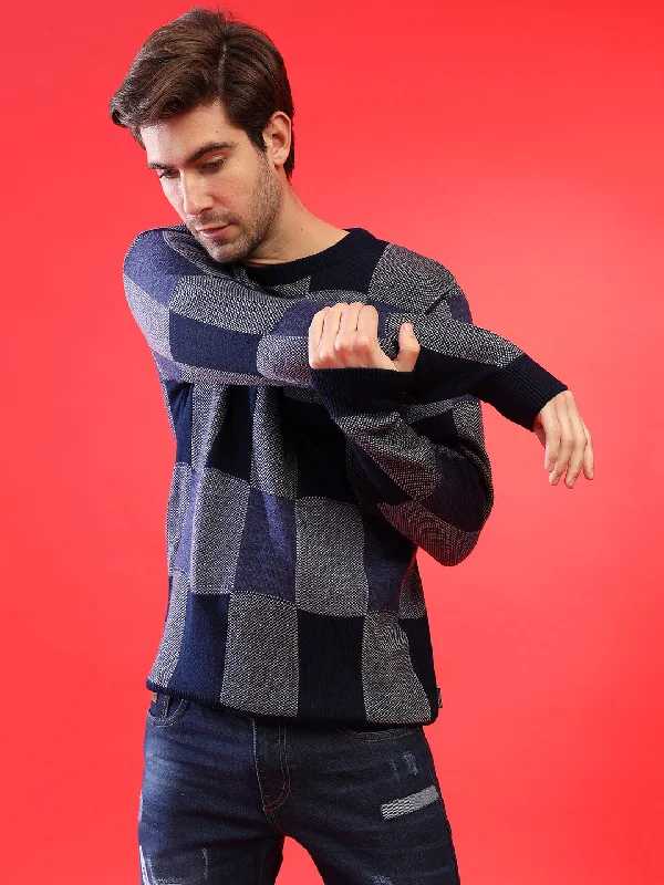 Men Blue Checked Pullover Sweater