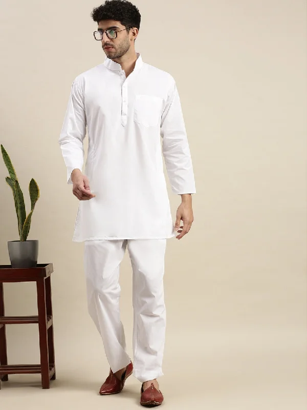 Men Cotton White Kurta Pyjama Set