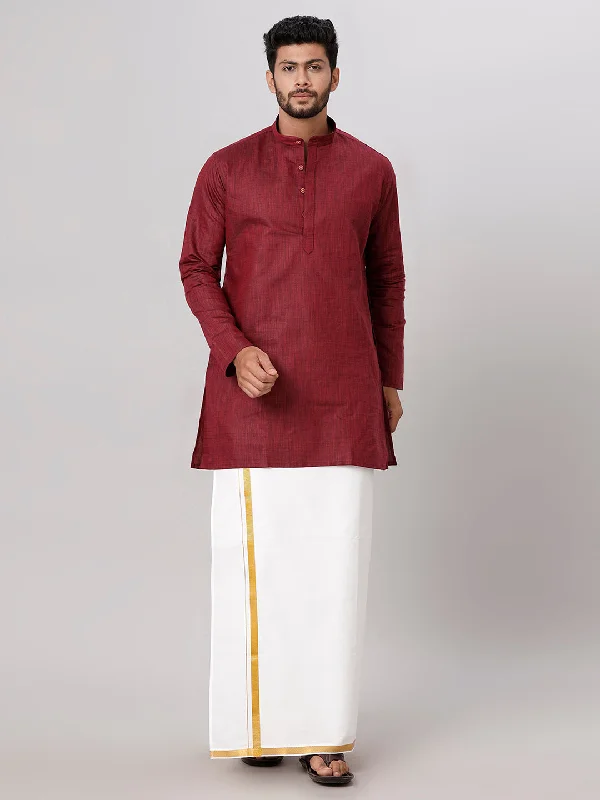 Men Maroon Medium Length Kurta with 3/4" inch Gold Jari White Dhoti Set FS7