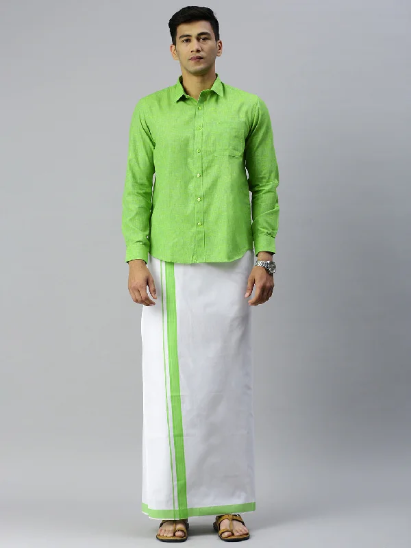 Men Matching Border Adjustable Dhoti & Full Sleeves Shirt Set Green CC6