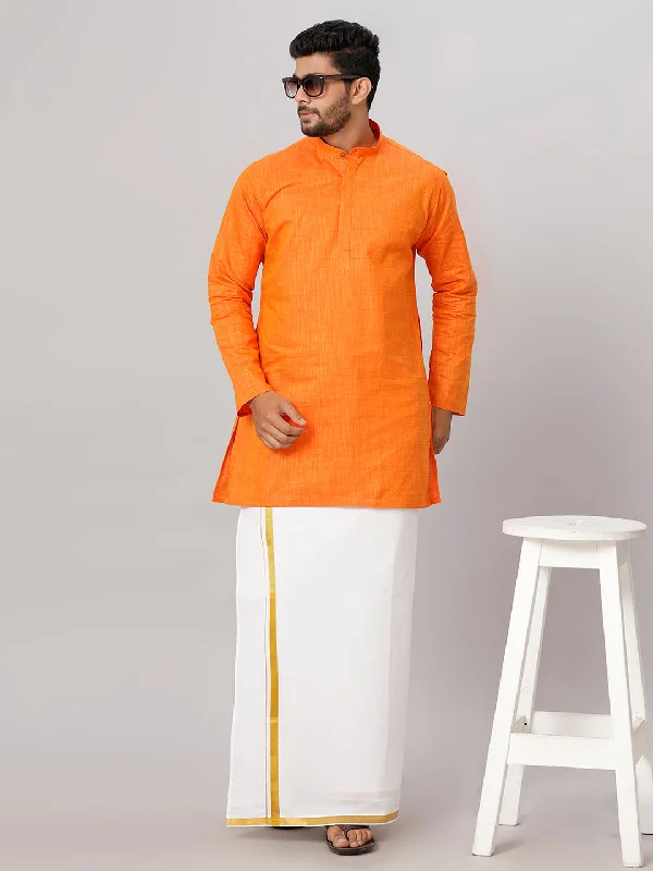 Men Orange Medium Length Kurta with 3/4" inch Gold Jari White Dhoti Set FS3