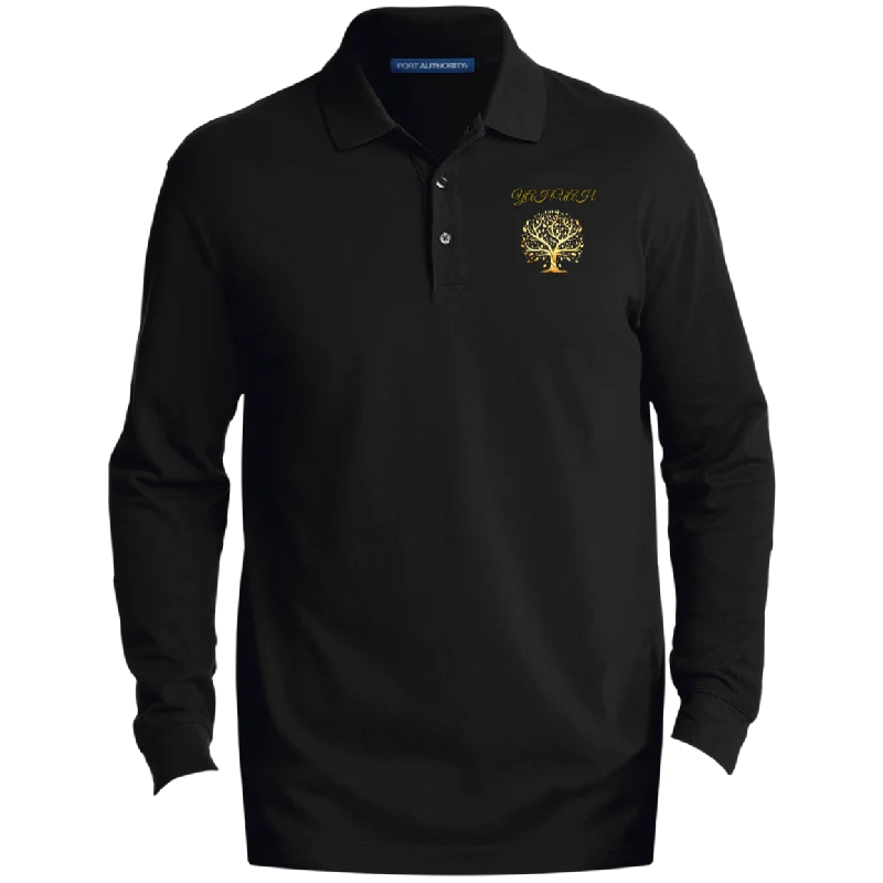 Yahuah-Tree of Life 01 Men's Designer EZCotton™ Long Sleeve Three Button Polo Shirt (Black/Navy Blue)